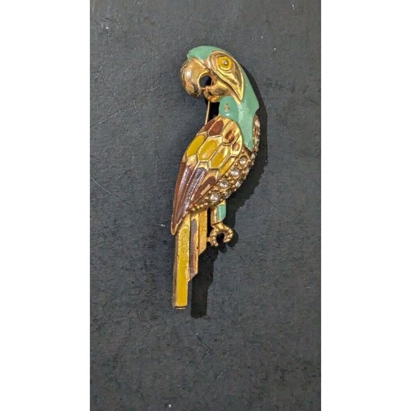 Vintage Parrot Brooch Pin - Rhinestone & Enamel Sparkle Bird   blue Yellow - Picture 3 of 9